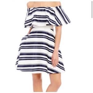 Badgley Mischka Navy Blue White Stripe Off The Shoulder Nautical Preppy Dress 6